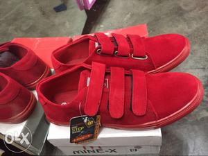 Pair Of Red Mine-X Suede Hook-and-loop Shoes With Box