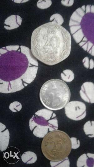 Two 25 And One 20 Indian old Paise Coins