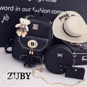 Black Leather Backpack And White Sunhat With Text Overlay