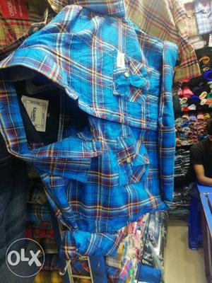Blue, Yellow, And Red Plaid Dress Shirt