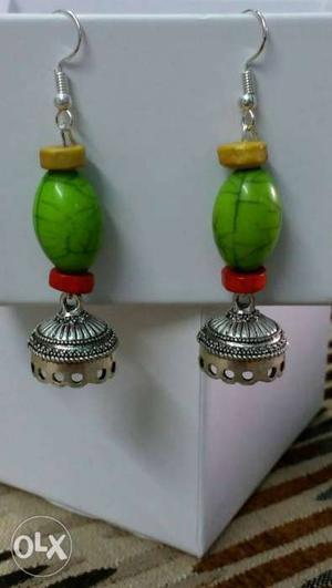 Pair Of Green-yellow-and-red Hook Earrings