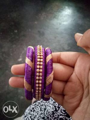 Purple And Brown Silk Thread Bangles With Gemstones