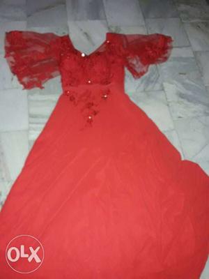 Women's Red Long-sleeved Dress long gown for girls