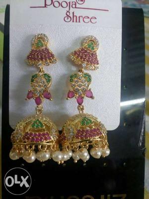 Gold-colored-and-pink Pooja Shree Pendant Earrings