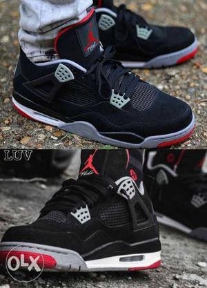 Pair Of Black-gray-and-red Air Jordan 4 Shoes