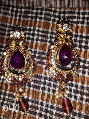 Pair Of Gold-colored Purple-and-clear Gemstone Encrusted