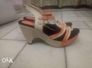 Pair Of White-and-red Wedge Sandals