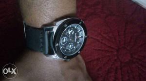 Round Black Chronograph Watch With Black Leather Strap