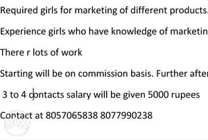 Required only girls For Marketing Of Different Products Text