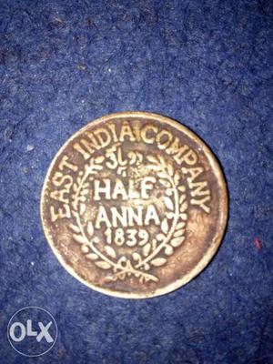  Bronze-colored Half Anna Indian Coin