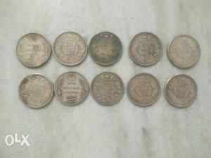 Ten Round Silver-colored Indian Paise Coins 100years old