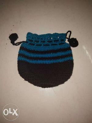 Blue And Black Knit Drawstring Pouch made with corchet