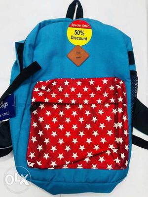Blue, Red, And White Backpack