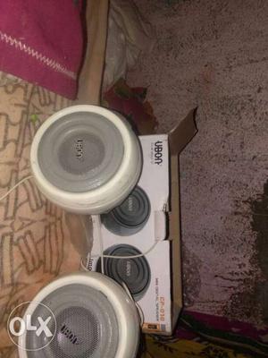 Pair Of White-and-gray Computer Speakers With Box