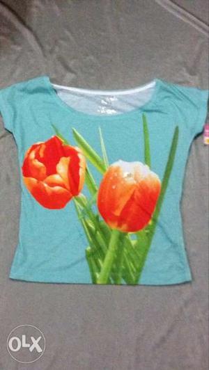 Teal, Green, And Red Floral Scoop-neck Cap-sleeved Shirt