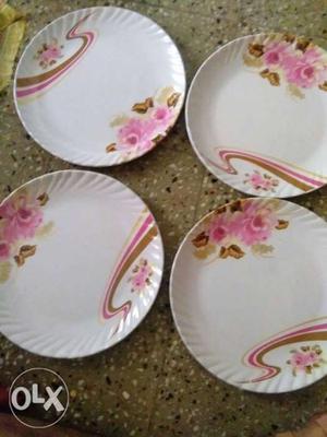 Three White-and-pink Floral Ceramic Plates 4