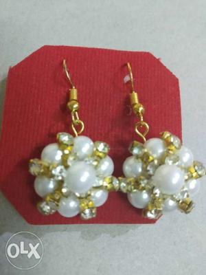 Pair Of Beaded White Pearl Gold-colored Hook Earrings