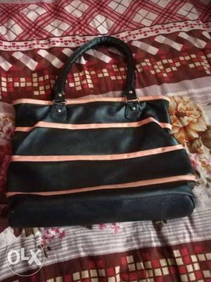 Pink And Black Striped Leather Tote Bag