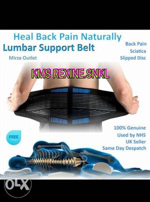 Black And Blue Lumbar Support Belt With Text Overlay