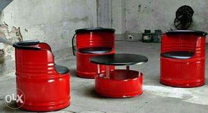 Round Black And Red Table With Three Armchairs Set
