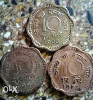 Three Silver-colored 10 Indian Coins