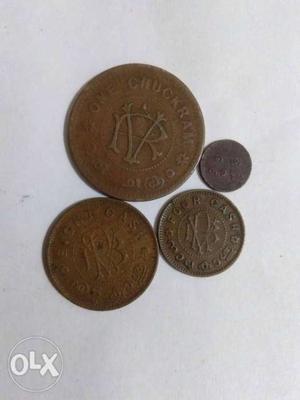 Travancore coins set lot. (oru cash,4 cash,8