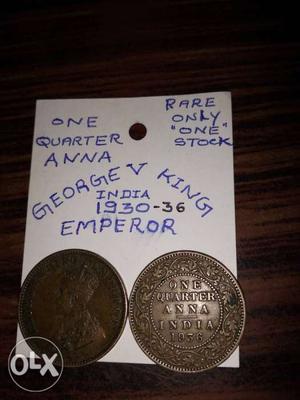 Two Round Silver-colored 1 Quarter Anna Indian Coins