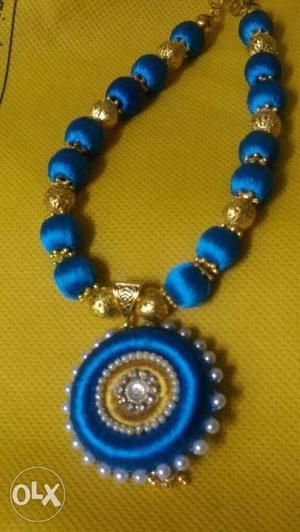 Blue And Gold-colored Silk Thread Necklace