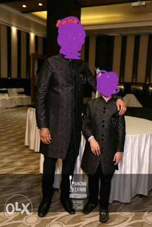 Father son same indo western black and three piece blue suit