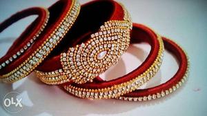 Five Red Thread Bangles With Clear Gemstone