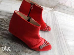 Pair Of Red Suede Peep-toe Heeled Sandals
