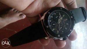 Round Black Chronograph Watch With Black Strap