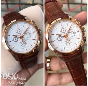Round Gold-colored Chronograph Watch With Brown Leather Band