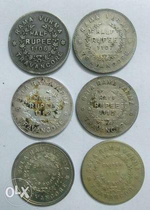 Travancore Half Rupee 6 Silver Coins