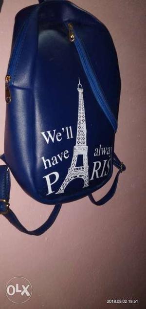 Blue And White Paris Print Leather Backpack