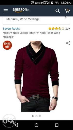 Men's Maroon And Black V-neck Long-sleeved Shirt Screenshot