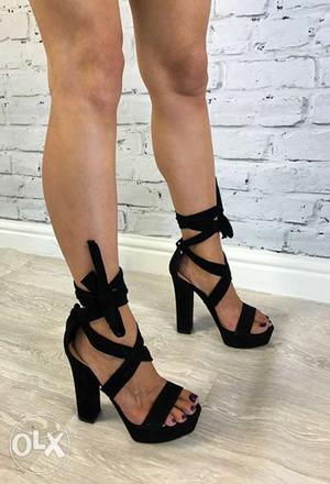 Pair Of Black Platform Open-toe Ankle-strap Chunky Heels