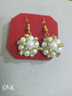Pair Of Gold-colored White Gemstone Hook Earrings
