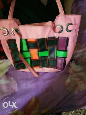 Pink And Green Leather Tote Bag