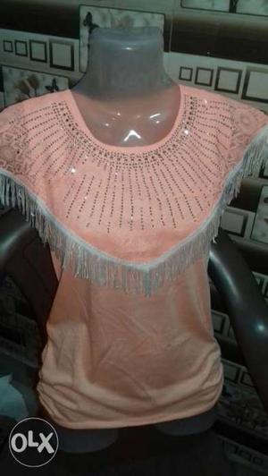 Pink And White Crew-neck Shirt And White Fringed