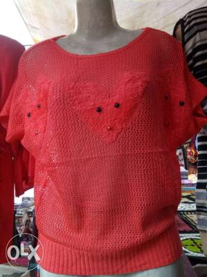 Ribbed Knit Red Crew-neck Top