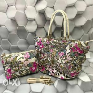 Two White-and-pink Floral Leather Tote Bag With Crossbody