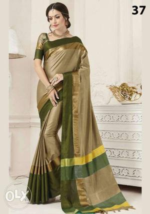 Women's Green And Brown V-neck Sari Dress