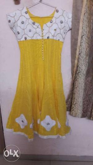 Yellow white anarkali suit with duppatta and