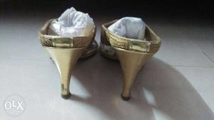 2 inch golden beaded open heels..