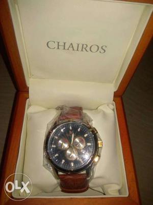 Chairos Chronograph Watch Brown Leather Band,With Wooden