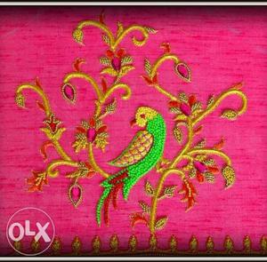 Pink, Yellow And Green Textile With Embroidered Bird