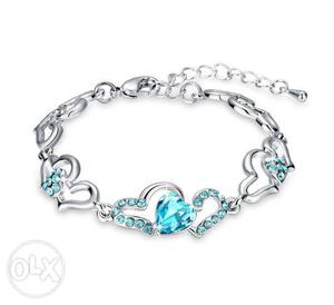 Silver-colored Heart Bracelet With Blue Gemstones