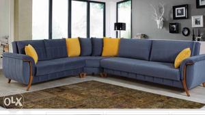 Blue Fabric Sectional Sofa With Throw Pillows