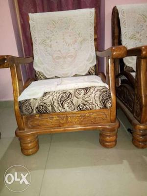 Brown Wooden Framed White Floral Padded Armchair